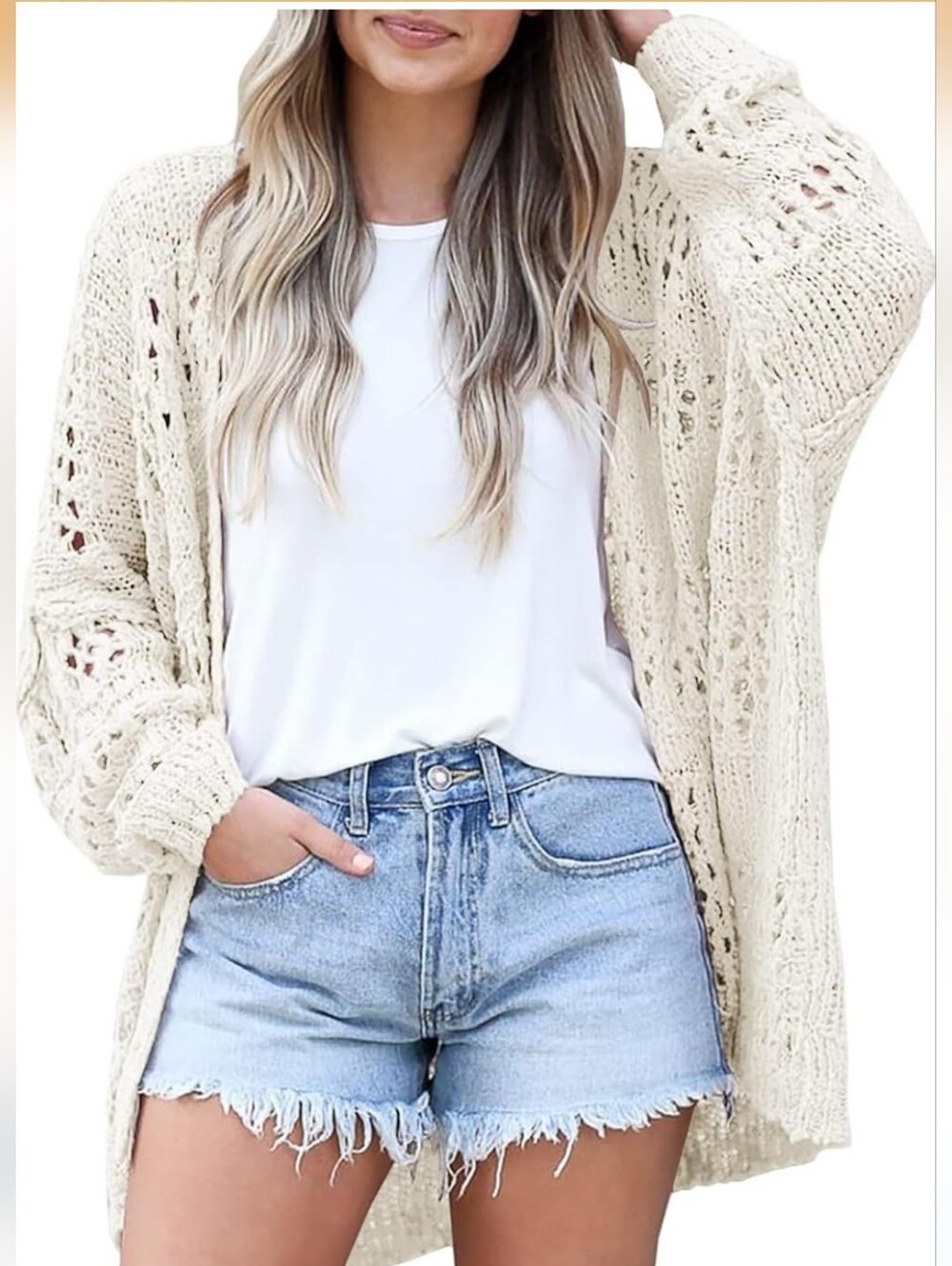Women's Open-Knit Off White Cardigan